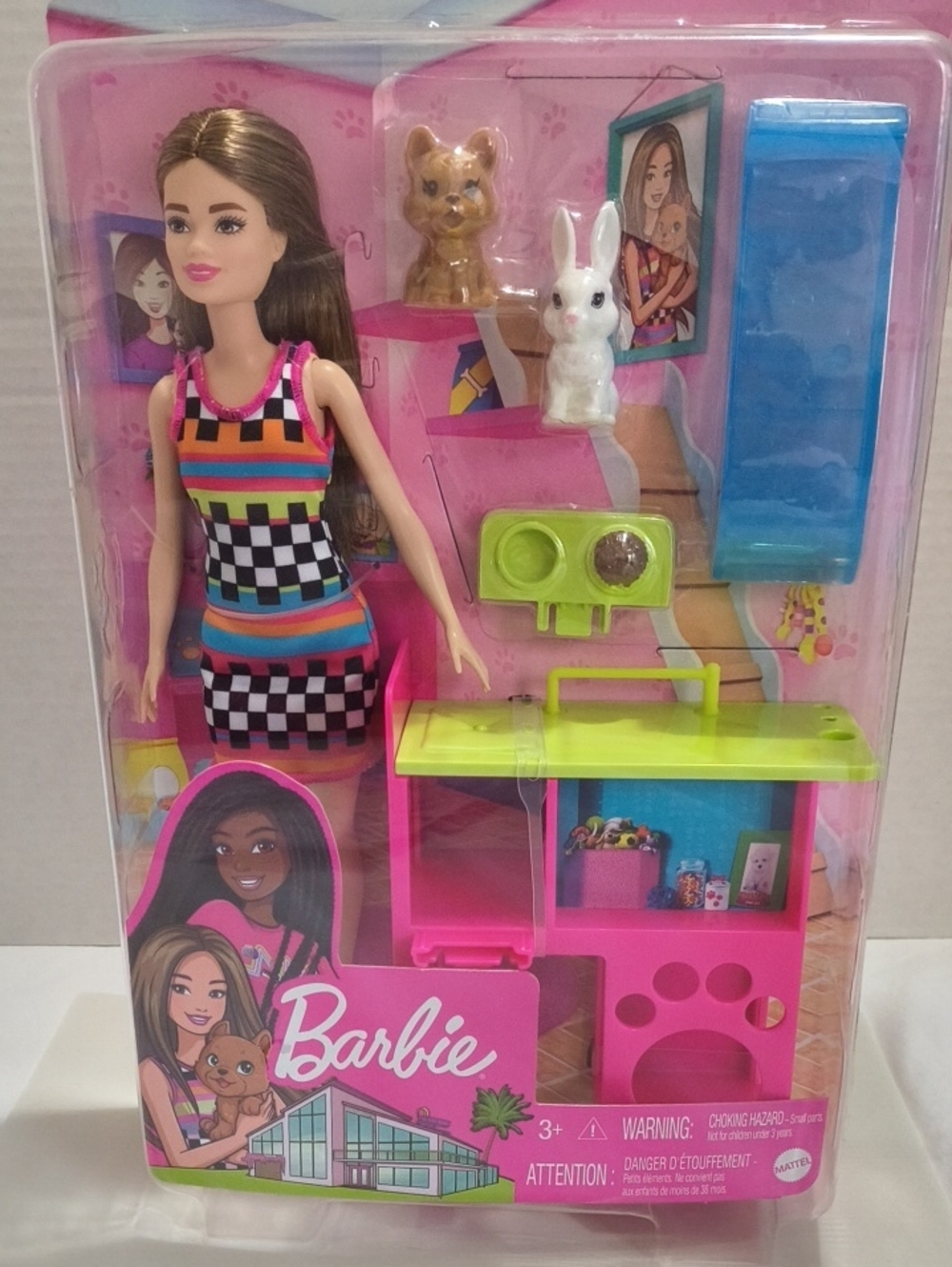 Barbie Rainbow & Black Check Dress Doll with Pink Pet Station